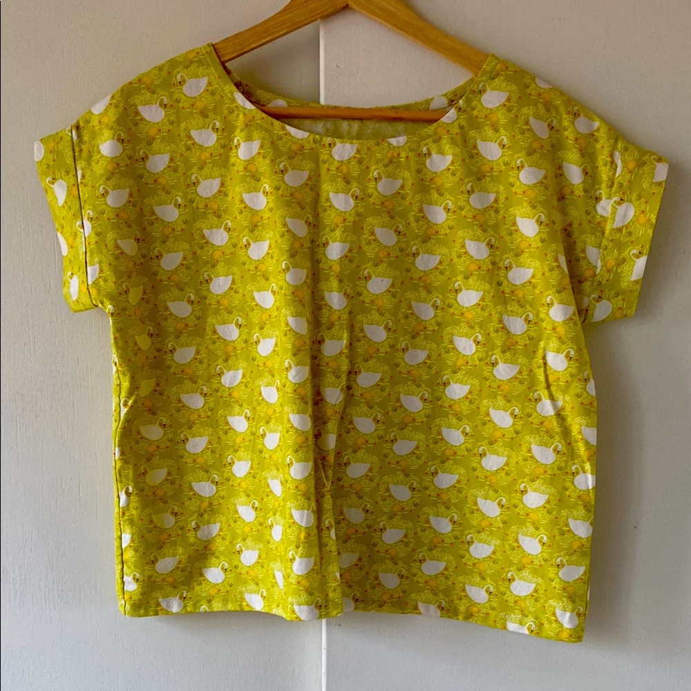 Yellow Boxy Top with Swan Pattern